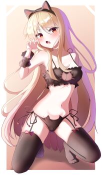  1girl absurdres alternate_costume animal_ear_hairband animal_ears black_bra black_panties black_thighhighs black_wrist_cuffs blonde_hair blush bra breasts cameltoe cat_cutout cat_ear_hairband cat_ear_panties cat_ears cat_lingerie cleavage cleavage_cutout clothing_cutout collarbone commentary english_commentary fake_animal_ears fang frilled_bra frills full_body garter_straps gluteal_fold gradient_background groin hairband hand_up highres kouu_(pixiv52748032) long_hair looking_at_viewer medium_breasts orange_background orange_eyes panties paw_pose sakura-sou_no_pet_na_kanojo shiina_mashiro side-tie_panties skin_fang solo squatting string_bra string_panties thighhighs two-tone_background underwear very_long_hair white_background wrist_cuffs 