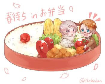  2boys america_(hetalia) axis_powers_hetalia blue_eyes brown_hair cherry_tomato chibi chibi_only commentary_request food food_art glasses grey_hair lettuce mini_person miniboy multiple_boys open_mouth purple_eyes rectangular_eyewear rice russia_(hetalia) scarf short_hair tako-san_wiener tkc_(tkoshinchan) tomato translation_request white_background white_scarf 