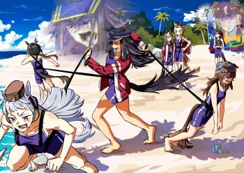  6+girls ? absurdres animal_ears beach beanie black_hair blue_one-piece_swimsuit brown_hair can't_choose_your_own_family closed_eyes cloud crying dream_journey_(umamusume) ears_through_headwear fenomeno_(umamusume) food gold_ship_(umamusume) grey_hair grey_hat hat highres horse_ears horse_girl horse_tail jacket lucky_lilac_(umamusume) meme multicolored_hair multiple_girls nakayama_festa_(umamusume) one-piece_swimsuit open_mouth orange_hair orfevre_(umamusume) palm_tree peaked_cap pink_eyes purple_eyes red_jacket rough_day_for_mom_(meme) shaved_ice stay_gold_(umamusume) swimsuit tail track_jacket tree umagamja umamusume 