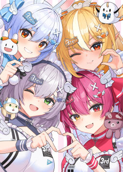  4girls blonde_hair blue_hair dan'in-san_(shirogane_noel) elfriend_(shiranui_flare) fang frilled_hairband frills green_eyes grey_hair hair_ornament hairband heart heart_hair_ornament heart_hands heart_hands_duo highres hololive houshou_marine ichimi_(houshou_marine) multiple_girls one_eye_closed oritonagi pekomon_(usada_pekora) pointy_ears red_eyes red_hair shiranui_flare shirogane_noel skin_fang smile stuffed_animal stuffed_toy teddy_bear usada_pekora virtual_youtuber wrist_cuffs yellow_eyes 