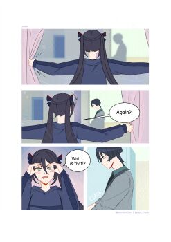  1boy 1girl absurdres alternate_costume alternate_universe aqua_eyes arrow_(symbol) artist_name binocular_hands black_hair black_hood black_hoodie black_ribbon black_sleeves blunt_ends casual closed_mouth contemporary curtains english_text facing_another genshin_impact genshinribu grey_jacket grey_sleeves hair_between_eyes hair_ribbon head_down highres hood hood_down hoodie jacket left-to-right_manga long_hair long_sleeves looking_at_viewer looking_down mona_(genshin_impact) open_mouth opening_curtains outstretched_arms red_trim ribbon scaramouche_(genshin_impact) sidelocks sleeves_rolled_up sound_effects speech_bubble spread_arms swept_bangs twintails window 