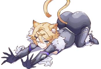  1girl absurdres animal_ears ass black_bodysuit black_cat_(marvel) black_cat_(marvel)_(cosplay) blonde_hair blue_eyes bodysuit cat_ears cat_stretch cat_tail clawed_gloves cosplay dokibird fang feather_hair fur-trimmed_bodysuit fur_trim hair_ornament highres indie_virtual_youtuber looking_at_viewer marvel marvel_rivals mat_(matdesenheiro) one_eye_closed short_hair signature smile solo stretching superhero_costume tail top-down_bottom-up virtual_youtuber white_background 