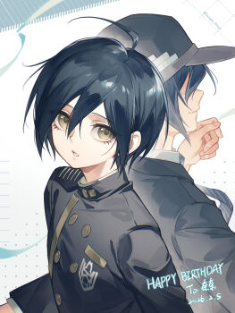  2boys :o ahoge black_hair black_hat black_jacket brown_eyes buttons commentary_request danganronpa_(series) danganronpa_v3:_killing_harmony dated double-breasted dual_persona ewa_(seraphhuiyu) hair_between_eyes hand_up happy_birthday hat highres jacket long_sleeves looking_at_viewer male_focus multiple_boys necktie official_alternate_costume open_mouth saihara_shuichi school_uniform short_hair smile striped_clothes striped_necktie 