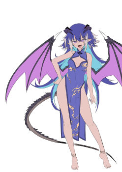  1girl barefoot blue_dress blue_hair breasts chikakei_(tsuki_no_chika_keikoku) china_dress chinese_clothes cleavage cleavage_cutout clothing_cutout colored_inner_hair commentary_request dragon_girl dragon_horns dragon_tail dragon_wings dress fantasy hand_on_own_hip highres horns long_hair looking_at_viewer multicolored_hair open_mouth original pelvic_curtain pointy_ears purple_eyes simple_background solo standing streaked_hair tail thighhighs two-tone_hair white_background white_streaks wings 