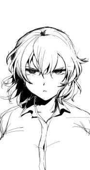  1girl breasts collared_shirt commentary_request greyscale hair_between_eyes kazami_yuuka large_breasts looking_at_viewer monochrome open_mouth sadahiro_(chicken_nugget_gyuuniku_aji) shirt short_hair simple_background solo touhou upper_body v-shaped_eyebrows 