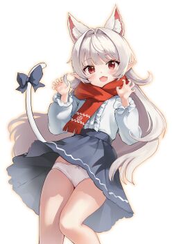  1girl :3 absurdres animal_ears blue_bow blue_skirt bow cat_ears cat_girl cat_tail center_frills claw_pose commentary commission frills grey_hair hands_up highres koy_(4767269) long_hair long_sleeves looking_at_viewer open_mouth original panties pointy_ears puffy_long_sleeves puffy_sleeves red_eyes red_scarf scarf shirt simple_background skirt solo tail tail_bow tail_ornament underwear white_background white_panties white_shirt 
