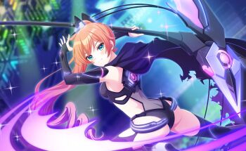  1girl animal_ears ass black_gloves blurry blurry_background breasts butt_crack cat_ears commentary_request cosplay depth_of_field elbow_gloves fingerless_gloves game_cg gloves green_eyes highres holding holding_weapon hood long_hair looking_at_viewer official_art ongeki orange_hair ramona_wolf scythe small_breasts smile solo sparkle takase_rio takase_rio_(cosplay) thighhighs third-party_source weapon world_dai_star 