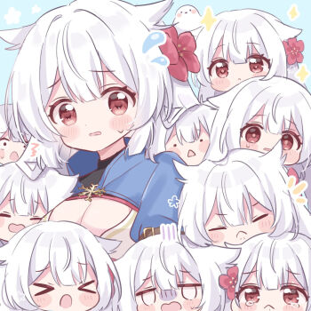  6+girls :< blue_shrug breasts cleavage commentary_request flower flying_sweatdrops fuyuka_(stella_sora) gloom_(expression) hair_between_eyes hair_flower hair_ornament highres long_hair looking_at_viewer mike_mochi multiple_girls red_eyes red_flower shrug_(clothing) sparkle stella_sora sweatdrop tearing_up triangle_mouth white_eyes white_hair xo 