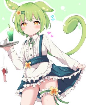  1girl :3 commentary_request cup frills green_hair highres kazura shirt skirt solo tray voicevox zundamon 