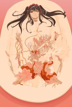  1girl black_hair bone broken_bone cannibalism corpse cum cum_in_eye cum_on_body cum_on_hair date_a_live death facial guro john0819 liquid long_hair meat_juice multicolored_eyes napkin necrophilia plate red_eyes ribcage solo tokisaki_kurumi twintails yellow_eyes 