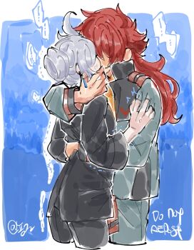  2girls asticassia_school_uniform black_jacket black_pants blue_background blush green_jacket green_shorts grey_hair gundam gundam_suisei_no_majo hair_bun highres hug jacket kiss long_hair miorine_rembran multiple_girls nyong-choi pants red_hair school_uniform shorts speech_bubble suletta_mercury sweat yuri 