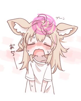  1girl animal_ear_fluff animal_ears blonde_hair blush choko_min closed_eyes cropped_torso double-parted_bangs fox_ears fox_girl hair_between_eyes hair_propeller helicopter_hair highres hololive hot nose_blush omaru_polka open_mouth shirt short_sleeves solo spinning_ahoge sweat upper_body virtual_youtuber white_shirt 