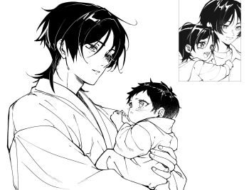  1boy 1girl blunt_ends carrying child child_carry choppy_bangs closed_mouth collared_jacket crew_neck eyelashes father_and_daughter genshin_impact greyscale hand_on_another's_back hands_on_another's_shoulder highres hood hood_down hootaru_u if_they_mated jacket japanese_clothes kimono light_blush long_sleeves looking_at_another looking_to_the_side mona_(genshin_impact) monochrome open_collar open_mouth original parted_lips photo_inset scaramouche_(genshin_impact) smile spiked_hair teeth tongue tsurime undershirt unfinished upper_teeth_only 