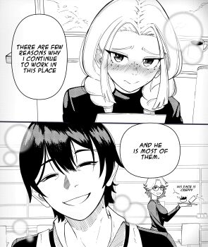  1boy 2girls absurdres blush braid closed_mouth commentary dilan_griz double-parted_bangs english_commentary english_text greyscale hair_between_eyes half-closed_eyes hetero highres julieth_(dilan_griz) looking_at_viewer medium_hair monochrome multiple_girls original parted_hair raised_inner_eyebrows short_hair twin_braids typo 