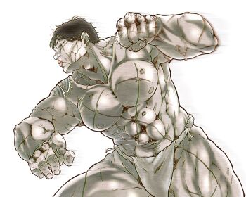  1boy black_hair commentary_request grappler_baki hanayama_kaoru highres irezumi moo0n_k muscular muscular_male profile rokushaku_fundoshi scar scar_on_chest scar_on_face scar_on_hand scar_on_leg scar_on_mouth scar_on_stomach short_hair solo tattoo white_background yakuza 