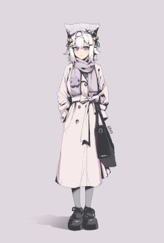  1girl 6b43 absurdres alternate_costume animal_ears artist_name bag bell black_bag black_ribbon black_shoes blush blush_stickers closed_mouth coat commentary english_commentary eyelashes filian_(vtuber) full_body grey_background grey_pantyhose hair_bell hair_ornament hair_ribbon handbag hands_in_pockets hat highres indie_virtual_youtuber long_hair pantyhose purple_eyes purple_scarf ribbon rindo_(vrchat) scarf shoelaces shoes simple_background solo standing virtual_youtuber white_coat white_hair white_hat winter_clothes 