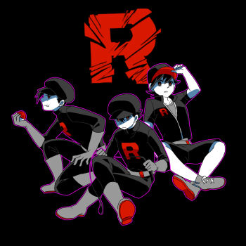  3boys adjusting_clothes adjusting_headwear alternate_universe black_background black_eyes black_hat black_pants black_shirt black_shorts black_sweater boots chase_(pokemon) colored_skin commentary_request cosplay crossed_legs elbow_gloves ethan_(pokemon) facing_to_the_side gloves grey_boots grey_gloves grey_shirt hand_on_own_leg hat high_contrast holding holding_poke_ball holding_whip leaning_forward letter looking_to_the_side male_focus monochrome multiple_boys nintendo on_ground on_one_knee pants partially_unzipped peaked_cap poke_ball pokemon pokemon_frlg pokemon_gsc pokemon_lgpe popped_collar red_(pokemon) red_eyes shirt shorts sitting spot_color sun-baby sweater team_rocket team_rocket_grunt team_rocket_grunt_(cosplay) team_rocket_uniform whip white_skin 