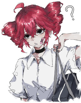  ? absurdres ahoge bag bandaid bandaid_on_face black_choker black_eyes candy choker collared_shirt commentary_request drill_hair ear_piercing facing_viewer food highres kasane_teto lollipop looking_to_the_side piercing ququxiaosi red_hair shirt shoulder_bag simple_background twin_drills utau white_background white_shirt 