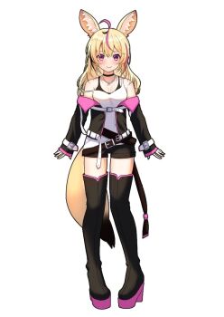  1girl alternate_costume animal_ear_fluff animal_ears black_boots black_bra black_choker black_gloves black_jacket black_streaks blush boots bra breasts choker cleavage closed_mouth commentary_request design_speculation fox_ears fox_girl fox_tail gloves hololive jacket long_hair looking_at_viewer marishia_holo medium_breasts omaru_polka pink_streaks purple_eyes shirt smile solo tail thigh_boots thighhighs underwear virtual_youtuber white_shirt zettai_ryouiki 
