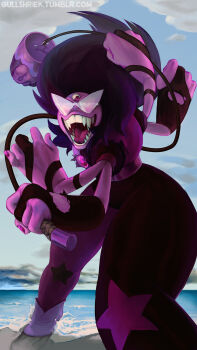 1girl chest_jewel colored_skin extra_arms extra_eyes gem gem_(steven_universe) giant giantess gloves highres holding holding_weapon long_hair non-web_source ocean open_mouth outdoors purple_skin ray_geiger shore sky steven_universe sugilite_(steven_universe) torn_clothes torn_gloves triangular_eyewear weapon 