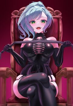  1girl absurdres alternate_costume alternate_hairstyle aqua_hair bang_dream! bare_shoulders black_gloves black_thighhighs breasts cleavage commentary commission covered_navel crossed_legs dominatrix elbow_gloves gloves gradient_background green_hair highres hikawa_hina holding holding_riding_crop large_breasts looking_at_viewer open_mouth ponytail red_background riding_crop sitting_on_throne solo teeth thighhighs throne two-tone_background upper_teeth_only zuka_ryu 