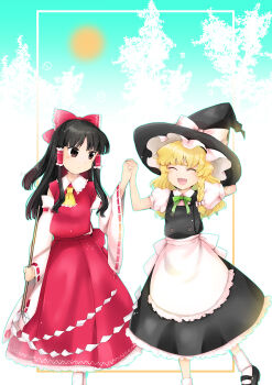  2girls ^_^ absurdres apron ascot black_eyes black_hair black_hat black_shoes black_skirt black_vest blonde_hair bow braid buttons closed_eyes contrast_collar detached_sleeves frilled_apron frilled_ascot frilled_hat frilled_shirt_collar frilled_skirt frills gohei hair_bow hakurei_reimu hand_on_own_hat hat hat_bow highres holding holding_gohei holding_hands kanonari kirisame_marisa long_hair long_skirt mary_janes multiple_girls puffy_short_sleeves puffy_sleeves red_bow red_shirt red_skirt ribbon-trimmed_bow ribbon-trimmed_skirt ribbon-trimmed_sleeves ribbon_trim shirt shoes short_sleeves single_braid skirt socks standing sun touhou vest waist_apron white_apron white_bow white_shirt white_sleeves white_socks yellow_ascot yuri 