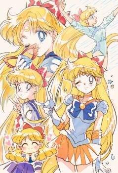  1girl aino_minako bishoujo_senshi_sailor_moon blonde_hair blue_eyes bow breasts gloves heart long_hair looking_at_viewer miniskirt one_eye_closed red_bow sailor_senshi_uniform sailor_venus school_uniform short_sleeves skirt sportswear suzuki_(2red_moon3) very_long_hair volleyball_uniform wink  rating:Sensitive score:5 user:zombiespacial