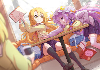  3girls alice_margatroid bag black_socks blonde_hair blue_bow blurry blurry_foreground book bow braid breast_press breasts brown_cardigan brown_shoes bun_cover cardigan couch crescent crescent_hat_ornament cup eraser flat_chest futa_(nabezoko) green_eyes grin hair_bow hand_on_table hands_up hat hat_ornament holding holding_book holding_cup indoors jacket kirisame_marisa kneehighs large_breasts loafers long_hair long_sleeves looking_at_another low-tied_sidelocks mechanical_pencil medium_hair mob_cap multiple_girls multiple_hair_bows neckerchief on_couch open_mouth orange_bow orange_neckerchief outstretched_arm patchouli_knowledge pencil pleated_skirt purple_eyes purple_hair purple_jacket purple_skirt reaching sailor_collar school_bag school_uniform shoes side_braid sidelocks sitting skirt smile socks standing table thighhighs touhou unworn_bag v-shaped_eyebrows white_bow white_sailor_collar white_thighhighs window 