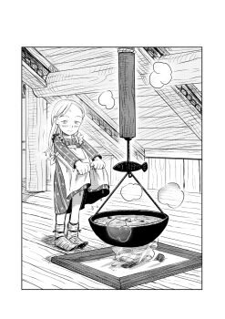  1girl ann's_forbidden_memories ann_(pokoro) apron blonde_hair blush cooking cooking_pot dress drying drying_clothes fire fish_ornament flat_chest lifting_own_clothes maid_apron official_art pokoro stove wooden_wall  rating:General score:2 user:nekoji