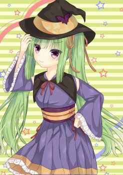  >:) 1girl alternate_costume alternate_hairstyle black_hat black_kimono black_skirt blunt_bangs blunt_ends blush closed_mouth commentary_request corrupted_twitter_file cowboy_shot frilled_skirt frilled_sleeves frills green_background green_hair halloween halloween_costume hand_on_headwear hand_on_own_hip hand_up hat highres hime_cut japanese_clothes kimono kusaya01411 long_hair long_sleeves looking_at_viewer murasame_(senren) pleated_skirt red_eyes senren_banka sidelocks simple_background skirt smile solo star_(symbol) straight_hair twintails v-shaped_eyebrows very_long_hair wide_sleeves witch witch_hat 