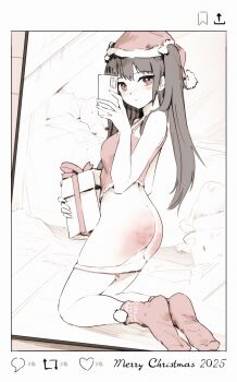  1girl absurdres ass bedroom blush brown_eyes brown_hair cellphone commentary english_commentary fireball_666 full_body gift hat highres holding holding_gift long_hair merry_christmas mirror_selfie original panties panty_pull phone santa_hat selfie smartphone socks solo spanked underwear 