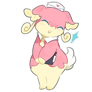 ! 1girl ^_^ animal_ears animal_hands audino body_fur clipboard closed_eyes closed_mouth clothed_pokemon detached_collar facing_viewer female_focus foreigner_(pixiv_119387446) furry furry_female gen_5_pokemon happy hat heart heart_print holding holding_clipboard nintendo nurse_cap own_hands_together pink_fur pokemon pokemon_(creature) print_hat short_tail simple_background smile solo tail two-tone_fur v_arms white_background white_hat yellow_fur