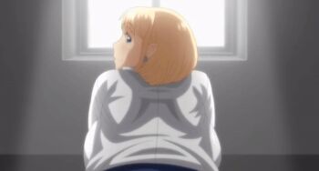 2022 20s animated animated_gif anime_screenshot anus ass backboob blonde_hair blue_eyes blue_skirt breasts doggystyle earrings from_behind gal hajimete_no_hitozuma huge_ass huge_breasts jewelry kawai_satomi looking_back school school_uniform sex sex_from_behind short_hair skirt teacher_and_student