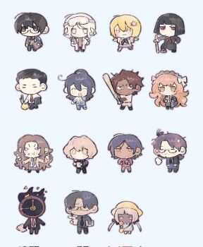  1other 6+boys 6+girls armband bag baseball_bat baseball_uniform black_eyes black_hair black_jacket black_serafuku black_shirt black_skirt blonde_hair blue_necktie blue_track_suit brown_hair bug charon_(project_moon) closed_eyes coat cockroach coffee_mug corrupted_twitter_file cup dante_(limbus_company) dark-skinned_female dark-skinned_male dark_skin don_quixote_(project_moon) everyone faust_(project_moon) goggles goggles_on_head green_eyes gregor_(project_moon) grey_hair gym_teacher heathcliff_(project_moon) highres holding holding_baseball_bat hong_lu_(project_moon) insect ishmael_(project_moon) jacket kindergarten_uniform lab_coat limbus_company long_hair low_twintails meursault_(project_moon) mug multiple_boys multiple_girls necktie open_mouth outis_(project_moon) pants parted_bangs project_moon red_armband red_jacket red_pants red_track_suit rodion_(project_moon) ryoshu_(project_moon) school_bag school_uniform serafuku shirt simple_background sinclair_(project_moon) skirt smile smoke smoking sportswear steam track_suit twintails vergilius_(project_moon) very_long_hair white_background white_coat yellow_eyes yesheng_zong_ren yi_sang_(project_moon) 