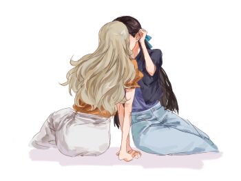  2girls blonde_hair blue_pants brown_hair highres kiss long_hair multiple_girls nirvana_(w688348960) orange_shirt pants purple_shirt saijou_claudine shirt shoujo_kageki_revue_starlight simple_background skirt tendou_maya white_background white_skirt yuri 