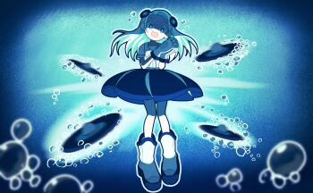  1girl air_bubble black_skirt blue_theme boots bright_pupils bubble commentary_request haneuzu_miuneru highres long_hair looking_at_viewer onpa_(onpa_sound) open_mouth own_hands_clasped own_hands_together ringed_eyes shaded_face shirt skirt virtual_youtuber voms white_boots white_pupils white_shirt 