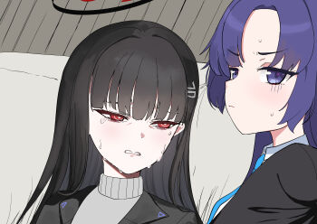  2girls absurdres black_hair black_halo black_suit blue_archive blue_eyes blue_necktie blunt_bangs closed_mouth collared_shirt commentary_request crying crying_with_eyes_open formal_clothes from_side grey_sweater half-closed_eyes halo highres lapels light_blush long_hair looking_at_another looking_to_the_side millennium_science_school_logo mochini multiple_girls necktie purple_hair rio_(blue_archive) shirt suit sweatdrop sweater tears teeth upper_body upper_teeth_only v-shaped_eyebrows wavy_mouth white_shirt yuuka_(blue_archive) 