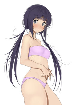1girl bare_arms bare_shoulders bikini black_eyes black_hair blunt_bangs blush closed_mouth cowboy_shot furuyama_itaru hands_on_own_stomach long_hair looking_at_viewer low_twintails original own_hands_together photoshop_(medium) purple_bikini simple_background solo strapless strapless_bikini swimsuit twintails white_background rating:Sensitive score:48 user:danbooru
