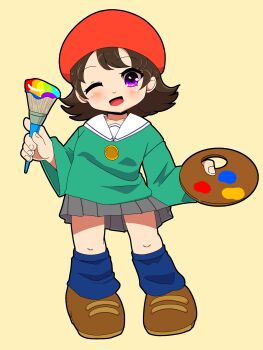  1girl adeleine beret beshameru_(masumaru_ovo) blue_socks blush brown_hair brown_shoes collarbone green_sweater grey_skirt hat holding holding_paint_palette holding_paintbrush kirby_(series) kneehighs long_sleeves looking_at_viewer nintendo one_eye_closed open_mouth paint_palette paintbrush purple_eyes red_hat shoes short_hair skirt smile socks standing sweater wink yellow_background  rating:General score:2 user:cpee