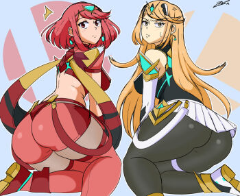  2girls ahoge anger_vein annoyed ass bare_shoulders blonde_hair breasts circlet dress elbow_gloves from_behind gloves huge_ass large_breasts leggings leggings_under_shorts long_hair looking_at_viewer looking_back medium_breasts multiple_girls mythra_(xenoblade) pantyhose pyra_(xenoblade) red_eyes red_hair red_shorts scarf short_dress short_hair short_shorts shorts sideboob skirt thick_thighs thighhighs thighs very_long_hair xenoblade_chronicles_(series) xenoblade_chronicles_2 yellow_eyes zeromomentai 