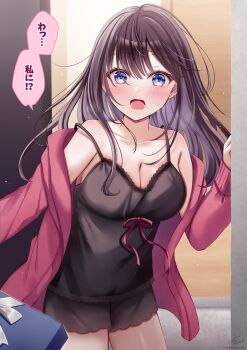  1girl bare_shoulders black_dress black_negligee blue_eyes blush box breasts brown_hair cleavage collarbone commentary_request doorway dress gift gift_box hair_between_eyes highres jacket large_breasts lingerie long_hair long_sleeves looking_at_viewer negligee open_clothes open_jacket open_mouth original pink_jacket pov_doorway red_jacket sakura_hiyori small_sweatdrop solo speech_bubble sweat translation_request underwear 