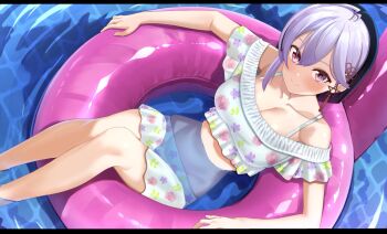  1girl ahoge akashiya_yuu bare_shoulders bikini black_hair blunt_ends blush breasts cleavage closed_mouth collarbone commentary_request crack_lack_good_luck dutch_angle feet_out_of_frame flag_print flag_print_bikini frilled_bikini frills from_above grey_hair groin hair_between_eyes hair_ornament highres large_breasts letterboxed looking_at_viewer multicolored_hair navel off-shoulder_bikini off_shoulder official_art print_bikini promotional_art red_eyes relaxing ripples sitting smile solo split_mouth star_(symbol) star_hair_ornament stomach swim_ring swimsuit tassel tassel_hair_ornament tft_(tft7822) two-tone_hair water white_bikini 