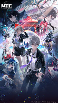  2boys 6+girls absurdres animal_ears aqua_hair black-framed_eyewear black_bodysuit black_gloves black_hair black_halo black_hat black_jacket black_thighhighs blonde_hair blue_hair bodysuit breasts cardigan cat_ears cat_girl character_request chiz_(nte) choker clothing_cutout commentary company_name copyright_name copyright_notice daffodill_(nte) dragon_girl dragon_horns dragon_tail dress english_commentary exe_(nte) eyewear_on_head female_esper_zero_(nte) finger_to_mouth glasses gloves grey_eyes hair_ornament hair_over_one_eye halo hat heart heart_hair_ornament highres holding holding_umbrella horns hotori_(nte) jacket jiuyuan_(nte) lacrimosa_(nte) long_hair looking_at_viewer male_esper_zero_(nte) mint_(nte) multicolored_hair multicolored_halo multicolored_horns multiple_boys multiple_girls nanally_(nte) necktie neverness_to_everness nitsa_(nte) nurse_dress official_art pants phone_booth pink_dress pink_eyes pink_hair pink_nails pink_streaks pointy_ears purple_eyes purple_horns purple_necktie rain red_cardigan red_eyes red_hair red_jacket red_shirt round_eyewear shinku_(nte) shirt short_hair shushing skirt split-color_hair streaked_hair tail thighhighs twintails two-tone_hair umbrella underboob_cutout wet wet_clothes wet_shirt white_hair white_halo white_pants 