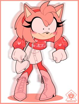  1girl absurdres amy_rose animal_nose boots furry furry_female gloves hairband hedgehog_girl highres pantyhose pink_fur pink_hair red_hairband red_pantyhose sakaruchibi simple_background skirt smile solo sonic_(series) standing white_gloves 
