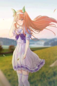  1girl absurdres animal_ears blue_eyes blunt_bangs blush bow bowtie closed_mouth commentary_request ear_covers grass green_eyes hair_ornament hairband highres hime_cut horse_ears horse_girl horse_tail leaf long_hair nyampasu3939 one_eye_closed orange_hair orange_tail outdoors pleated_skirt puffy_short_sleeves puffy_sleeves purple_bow purple_bowtie purple_shirt sailor_collar sailor_shirt school_uniform shirt short_sleeves silence_suzuka_(umamusume) skirt sky smile solo tail thighhighs tracen_school_uniform umamusume white_hairband white_sailor_collar white_skirt white_thighhighs 