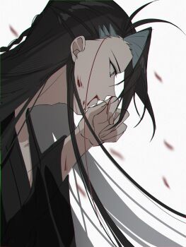  1boy antenna_hair baitang_sw black_hair blood blood_on_face curtained_hair fate/grand_order fate_(series) grey_eyes highres japanese_clothes kimono kondou_isami_(fate) long_hair male_focus profile solo upper_body white_background wiping_blood 