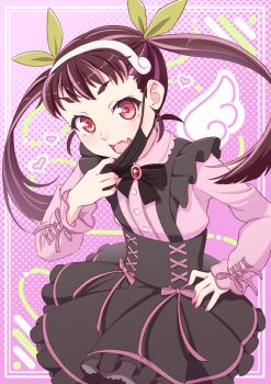  1girl absurdres black_skirt bow bowtie brooch brown_hair commentary fang hachikuji_mayoi hair_ribbon hairband high-waist_skirt highres inset_border jewelry jirai_kei long_hair long_sleeves looking_at_viewer mask mask_pull monogatari_(series) mouth_mask pink_background ribbon skin_fang skirt smile solo tea_ramisu twintails 