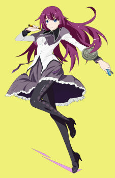  1girl akemi_homura akemi_homura_(cosplay) akemi_homura_(magical_girl) argyle_clothes argyle_pantyhose arm_up bakemonogatari black_pantyhose blue_eyes boxcutter breasts closed_mouth company_connection cosplay emanon_(drowningnoname71) floating_hair high_heels highres holding holding_boxcutter holding_stapler long_hair looking_at_viewer mahou_shoujo_madoka_magica mahou_shoujo_madoka_magica_(anime) medium_breasts monogatari_(series) neck_ribbon outstretched_arm pantyhose purple_hair purple_skirt ribbon sailor_collar saitou_chiwa senjougahara_hitagi shaft_(company) shield shirt simple_background skirt smile solo very_long_hair voice_actor_connection white_shirt yellow_background 