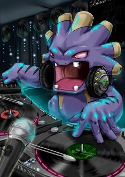  artist_name colored_sclera commentary dj english_commentary exploud gen_3_pokemon headphones headphones_around_neck highres indoors microphone mixing_console nintendo nostrils open_mouth phonograph pink_sclera pokemon pokemon_(creature) pokemon_focus poster_(object) red_eyes solo teeth the_nai turntable vinyl_record 