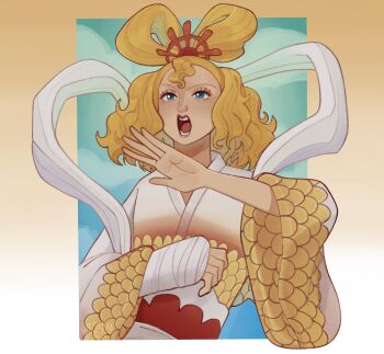  1girl blonde_hair blue_eyes border commentary eyelashes eyeshadow gradient_border hagoromo hair_bun highres itzjazzyjazzin japanese_clothes kimono looking_ahead makeup one_piece open_mouth otohime_(one_piece) shawl solo upper_body wide_sleeves 